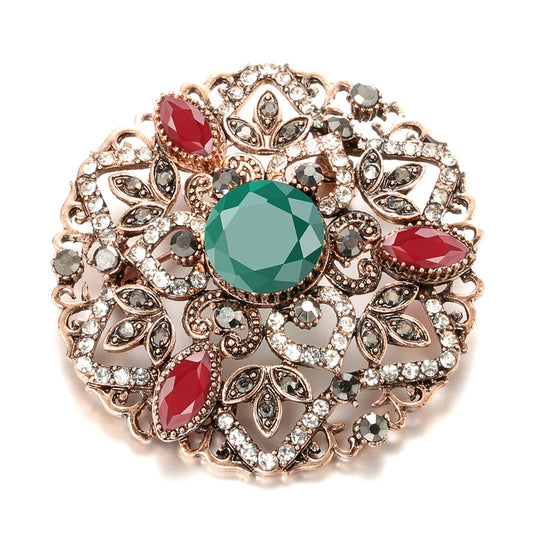 Turkish Crystal Hollow Flower Vintage Brooch for Women Antique Gold Color Boho Ethnic Bride Wedding Jewelry Badge Gift