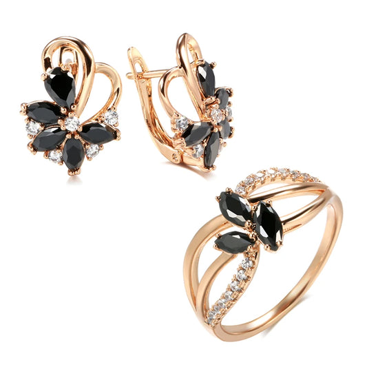 Black New 585 Rose Gold Earrings Ring Sets for Women Fashion with Natural Zircon Drop Earrings Ring Jewelry Set