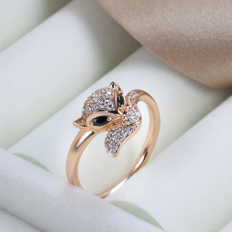 FOX Earrings Ring Sets for Women Fashion 585 Rose Gold Color Natural Zircon Accessories Animal Child Jewelry Sets
