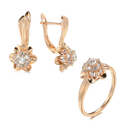  Crystal Flower 585 Rose Gold Women Earrings Ring Sets Natural Zircon Earrings Trend Unusual Creative  Jewelry