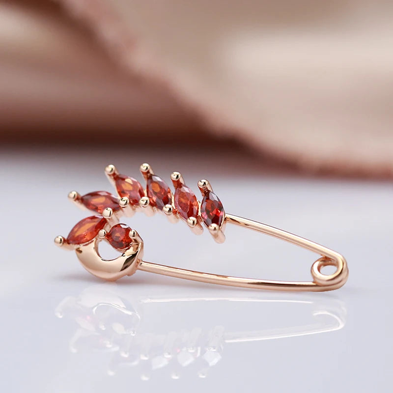 New Unique Red Natural Zircon Boutonniere 585 Rose Gold Fine Brooch for Women Fashion Creative Wedding Jewelry Hot