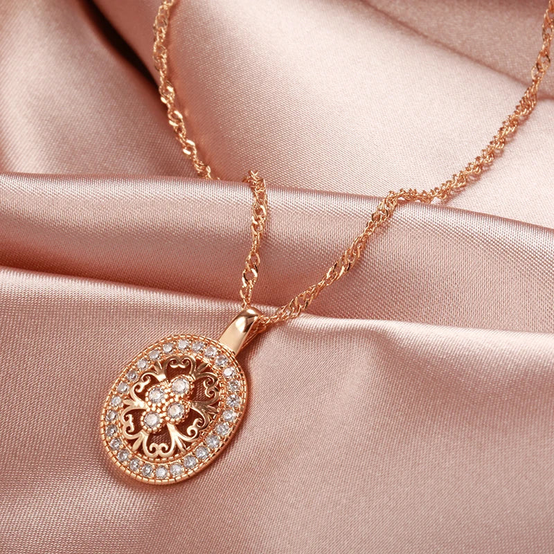 Ethnic Flower Sets 585 Rose Gold Necklace Earrings Ring Sets for Women Natural Zircon Jewelry 