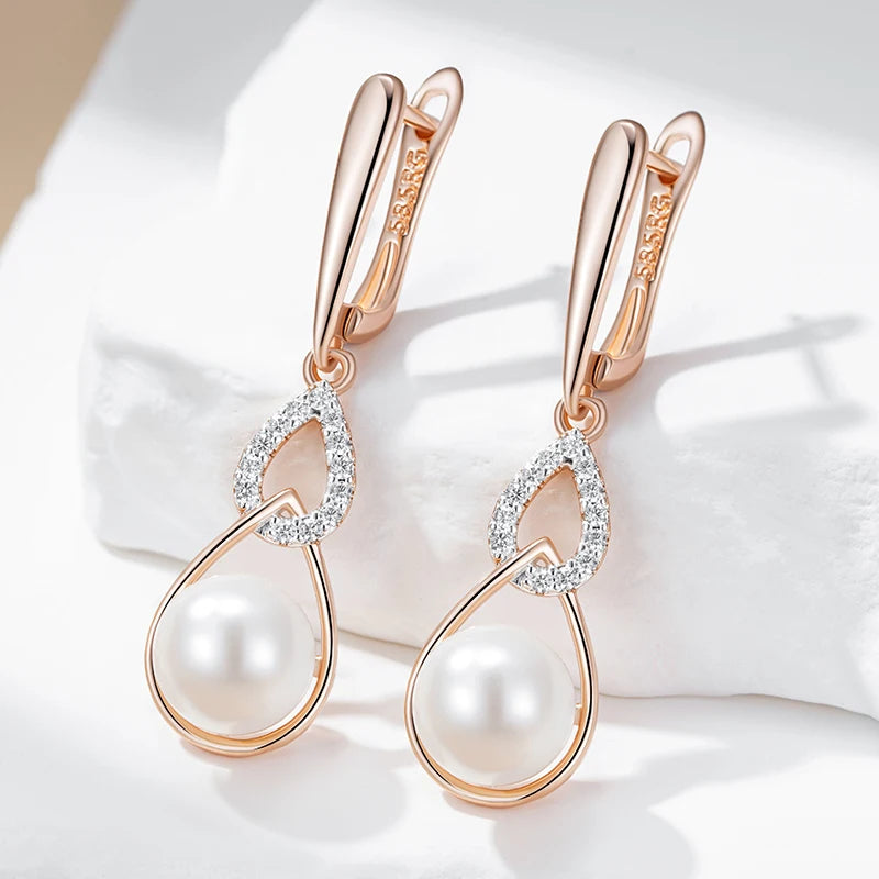 Simple 585 Rose Gold Color Drop English Earrings for Women Unique Geometric Pearl Earrings Bridal Wedding Jewelry 
