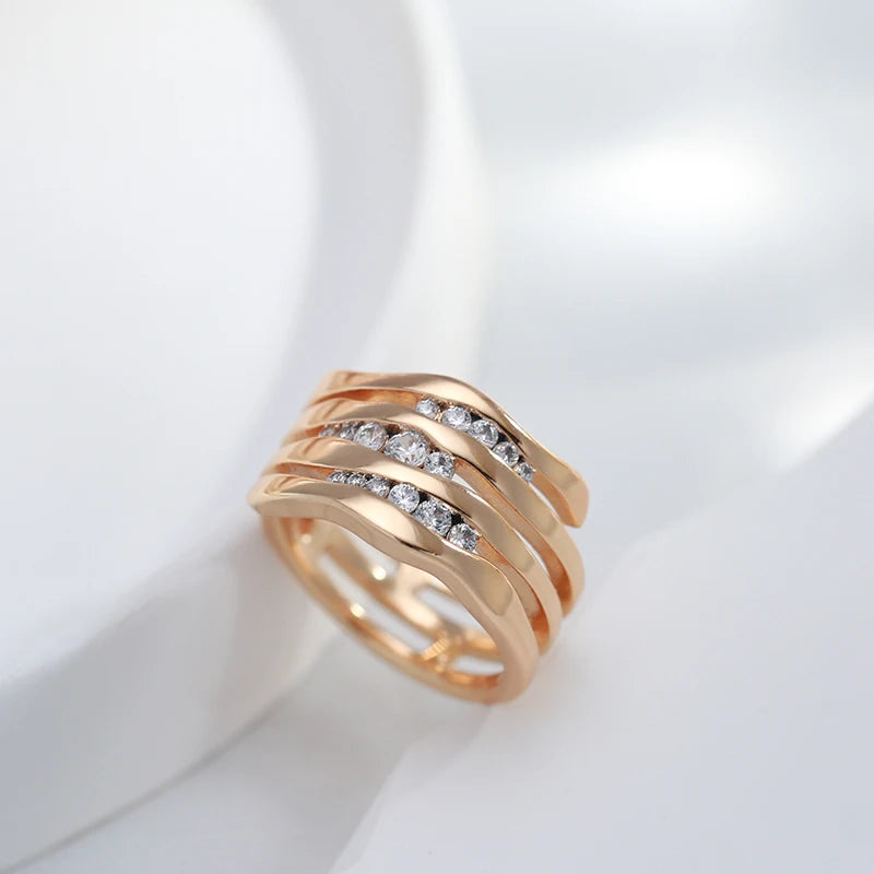New Unique Creative 585 Rose Gold Women Rings Micro-Wax Inlay Natural Zircon Rings Geometry Modern Party Fashion Jewelry