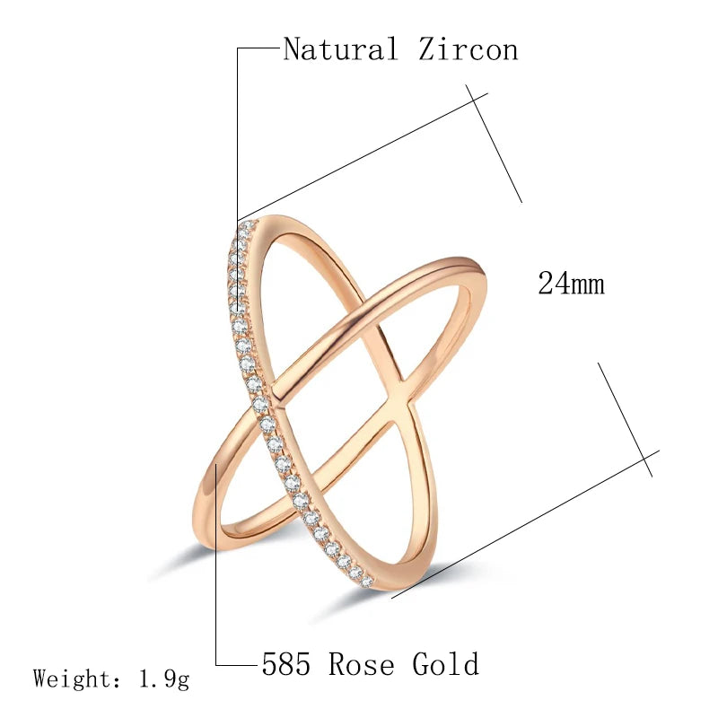 X design Natural Zircon Rings for Women Fashion 585 Rose Gold Geometry Cross Ring Vintage Wedding Jewelry Crystal Gift
