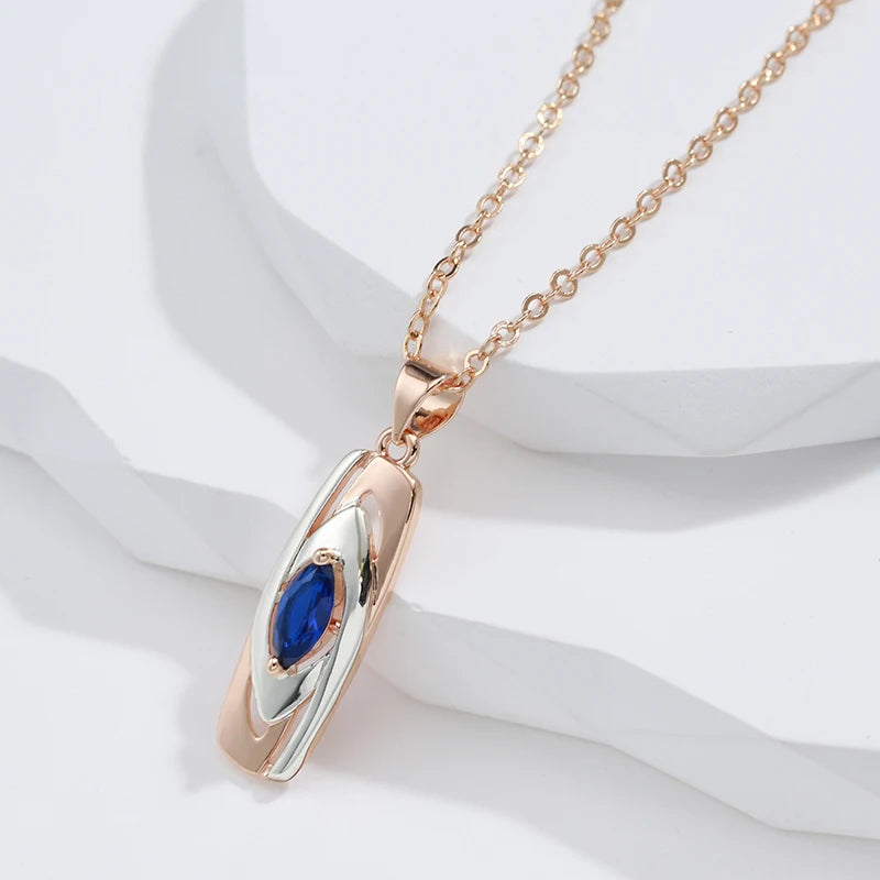 Luxury Blue Stone Pendant 585 Rose Gold Mixed White Gold Natural Zircon Pendant Necklace for Women Trendy Wedding Jewelry