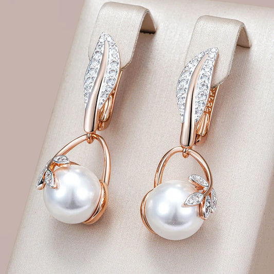 Fashion Crystal Flower Pearl Drop Earrings for Women 585 Rose Gold Silver Color Mix Boho Ethnic Wedding Jewelry Gift