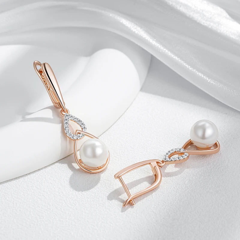 Simple 585 Rose Gold Color Drop English Earrings for Women Unique Geometric Pearl Earrings Bridal Wedding Jewelry 