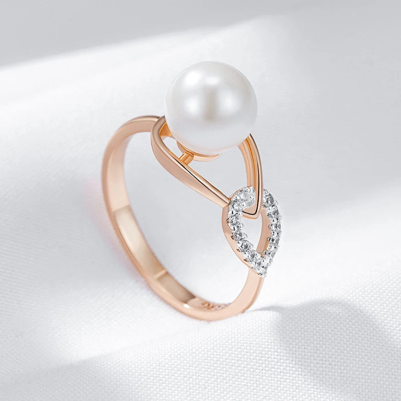 Luxury 585 Rose Gold Silver Color Mix Ring for Women Unique Geometric Pearl Natural Zircon Bridal Wedding Jewelry 2024 New