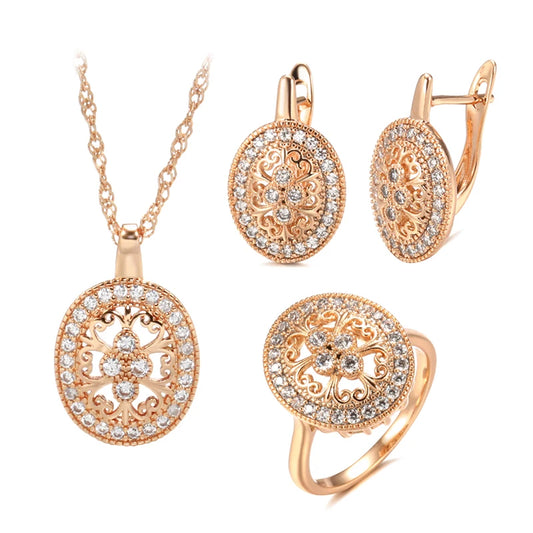 Ethnic Flower Sets 585 Rose Gold Necklace Earrings Ring Sets for Women Natural Zircon Jewelry 