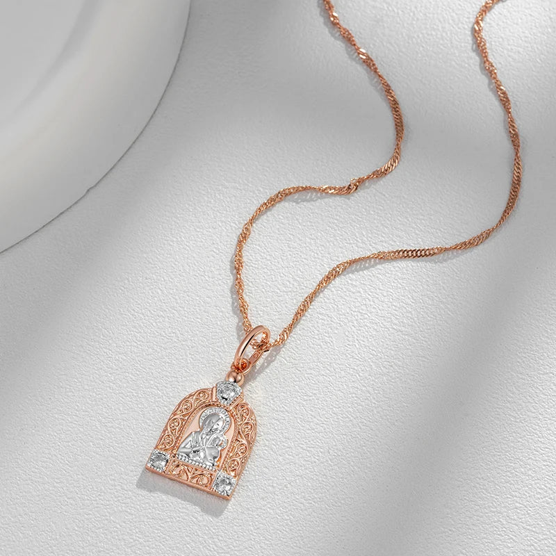 Luxury Virgin Mary Rose Gold Silver Color Pendant Necklace for Women Men 585 Rose Gold Color Natural Zircon Jesus Charm Daily Fine Jewelry Gifts